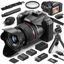 item search image for 8K & 64MP Digital Cameras for Photography, 48X Zoom (16X Optical + 3X Digital) with Moon Mode, 180° Flip Screen, WiFi, Micro HDMI, 64GB Card & 2 Batteries, Vlogging Camera for YouTube (Black) (Black)