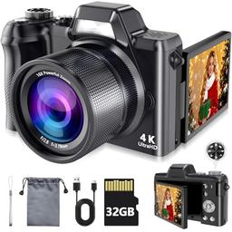 item search image for 4K Digital Camera for Photography & Vlogging, 56MP Point and Shoot Digital Cameras with 180° Flip Screen, 16X Zoom Compact Travel Camera, Portable Cámara for Adults & Beginners with 32GB SD Card
