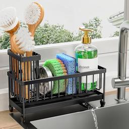 item search image for Cisily Sponge Holder for Kitchen Sink, Sink Caddy Organizer with High Brush Holder, Kitchen Countertop Organizers and Storage Essentials, Rustproof 304 Stainless Steel (Black, 9.25″)