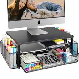 item search image for OPNICE Desk Organizer and Accessories, 2-Tier Computer Monitor Stand Riser with Drawer and 2 Pen Holders, Laptop Stand, Office Desk Accessories for Office Supplies, Black