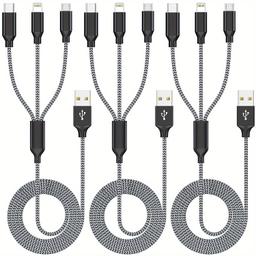 item search image for TEMU 3pcs 48inch Multiple Charger Cable Multi Charging Cable Rapid Nylon Braided Cord Usb Charging Cable 3 In 1 Multi Phone Charger Cord With Type C Micro Lightning Usb Connectors For Cell Phones